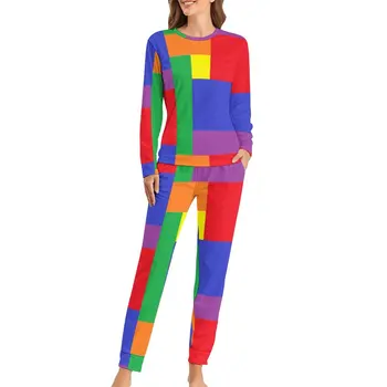 Vaivorykštė Colorblock Pižama Moterims, Spalvinga Spausdinti Mielas Sleepwear Pavasario Dviejų Dalių Miegamojo Negabaritinių Pajama Komplektai