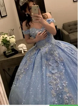 Vaivorykštės spalvų Blizgančių Kamuolys Suknelė Šviesiai Mėlyna Quinceanera Suknelę Elegantiško, Prabangaus Prom Dresses 3D Gėlių Appliques Šalies Nėrinių Gimtadienis