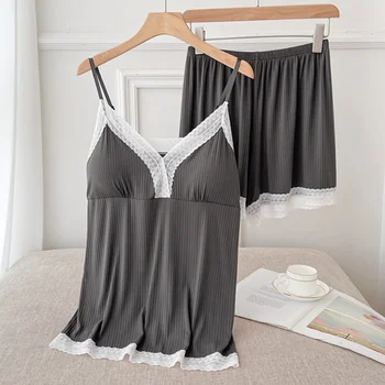 Vasaros Modalinis Moterų 2VNT Pižama Komplektas Intymių Lingerie Sexy Nėrinių Apdaila Sleepwear Dirželis Top&Shorts 