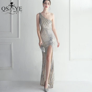 Vienos Pečių Sidabro Ilgai Prom Dresses Unikali Nėrinių Modelio China Vakare Gown Seksualus Padalinta Paprasta Mergina Oficialią Šalies Suknelė Plonas Chic