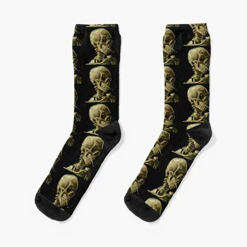 Vincentas van Gogas - Kaukolė skeleto Degančių Cigarečių Kojinės sheer kojinės vyrams, juokinga dovana, neleidžiančioms slysti futbolo kojinės