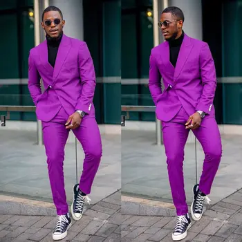 Violetinė Verslo Atsitiktinis Striukė Rinkiniai Vestuvių Kostiumas Vyrams Slim Įrengtas 2 Vnt Užsakymą Homme Tailcoat Elegantiška Suknelė (Striukė+Kelnės)