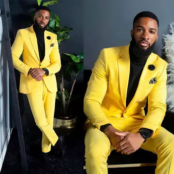 Vyriški geltonos verslo atsitiktinis dviejų dalių slim montavimo jaunikis kostiumą vieną krūtinėmis vestuvių oficialus šalies aprangą (kailis+kelnės)