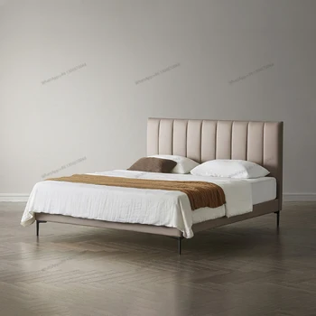 Šiaurės odos du kartus italijos minkšta lova Modern paprasta medžio masyvo mažų vienetų miegamojo vestuvių lova saugojimo net raudona lova