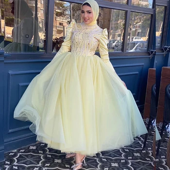 Šviesiai Geltonos spalvos Prom Dresses už Hijab Moterų Aukšto Kaklo, ilgomis Rankovėmis, Kulkšnies Ilgio Linija Duobute Musulmonų Oficialų Prom Šalies Chalatai