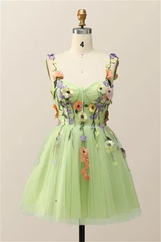Žalia Homecoming Suknelės 2023 Mielas Brangioji Kelio ilgis Elegantiškas, Tiulis-line Šalies Derliaus Rankovių Suknelės, Gėlių Dirželiai